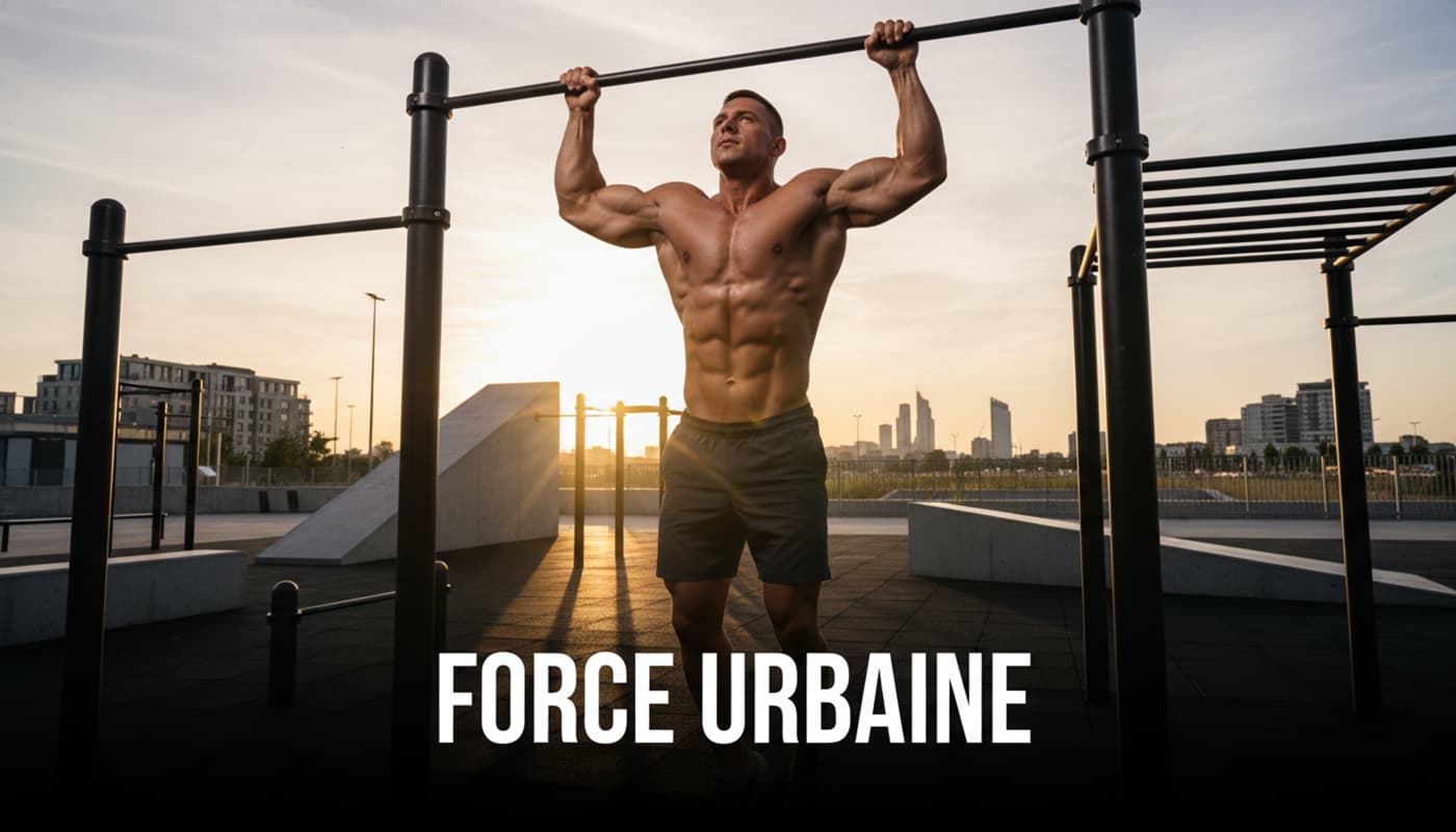 Un homme athlétique effectue un muscle-up à la barre de traction dans un parc urbain minimaliste à l'aube, avec un éclairage chaud et dramatique mettant en valeur ses muscles.