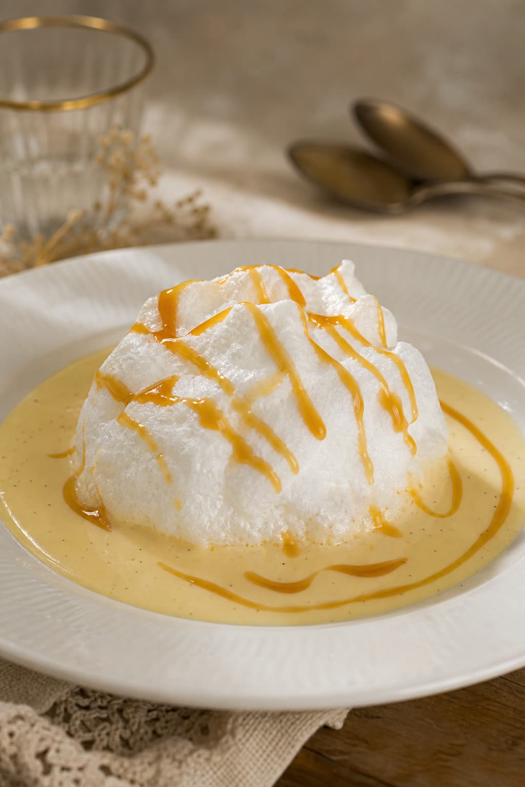 Une meringue blanche aérienne flotte sur une crème protéinée nappée de caramel, photographiée dans un style vintage avec un éclairage chaleureux.