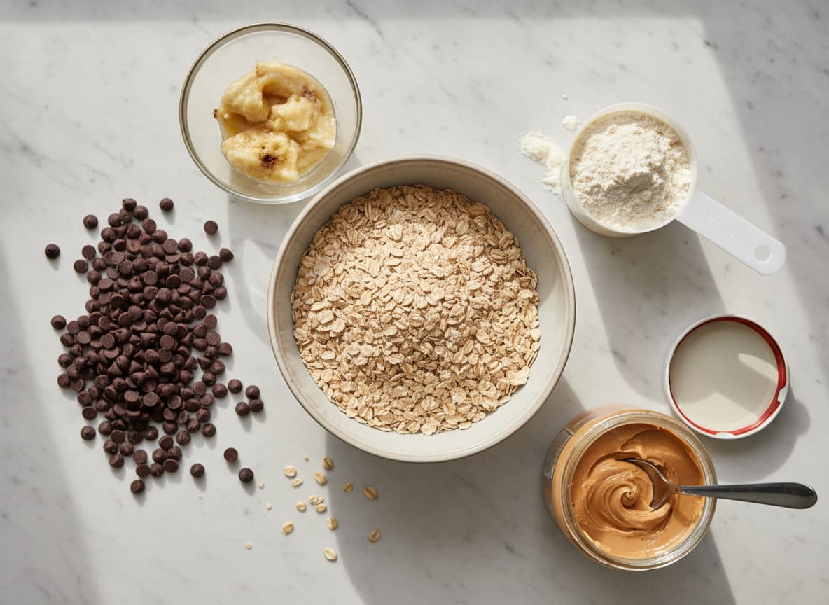 Disposition à plat d'ingrédients de pâtisserie pour biscuits protéinés : flocons d'avoine, banane écrasée, poudre de protéine, beurre de cacahuète et pépites de chocolat sur un comptoir en marbre propre.