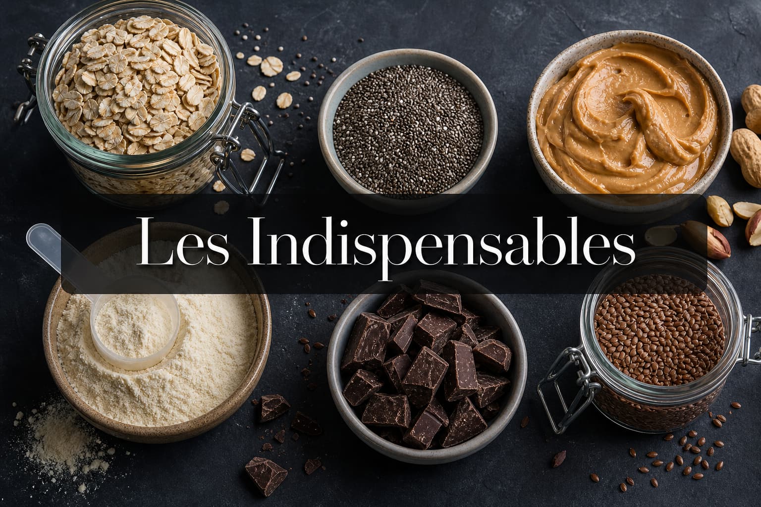 Ingrédients essentiels pour goûters protéinés disposés dans des bocaux en verre et bols en céramique sur un fond d