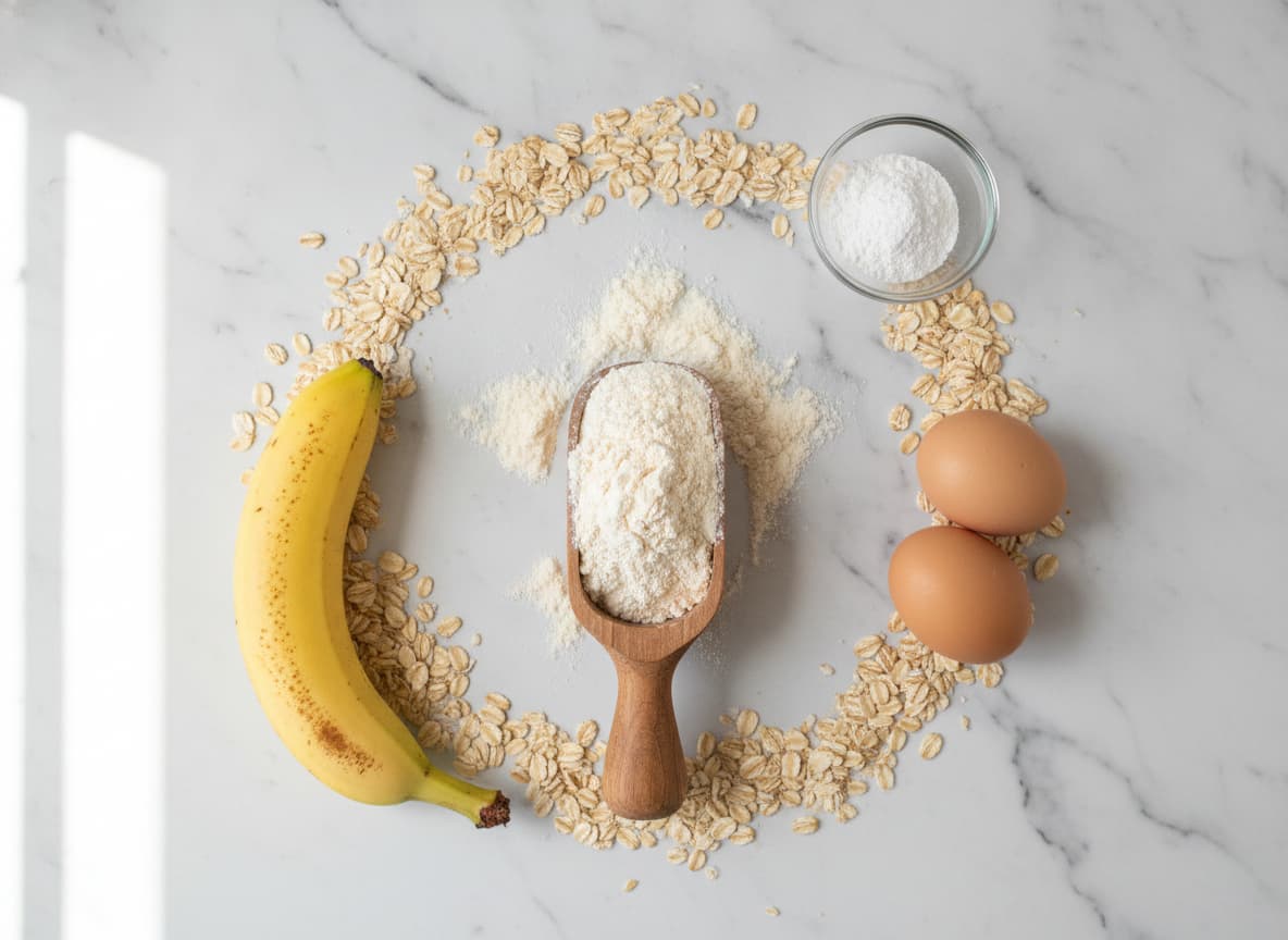 Composition à plat d'ingrédients pour pancakes protéinés avec poudre de whey vanille, flocons d'avoine, banane, œufs et levure chimique sur un comptoir en marbre blanc éclairé par la lumière du jour.