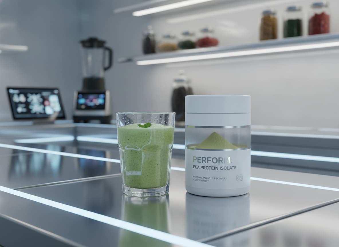 Verre de smoothie protéiné vert pâle et contenant de poudre d'isolat de pois jaune dans une cuisine fitness au design high-tech.