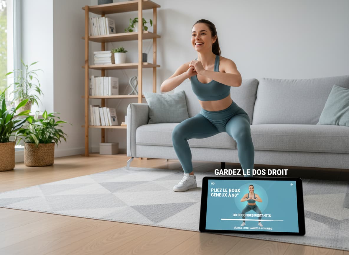 Une jeune femme en squat dans un salon moderne, suivant un programme de fitness sur une tablette qui affiche un coach virtuel et l'instruction en français 'Gardez le dos droit'.