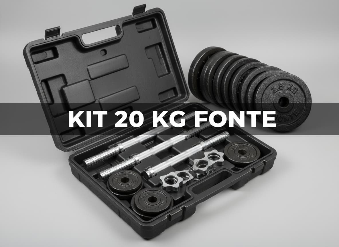 Caisse de transport en plastique noir ouverte contenant un kit d'haltères en fonte avec barres filetées et colliers de serrage, avec le texte 'KIT 20 KG FONTE' superposé.
