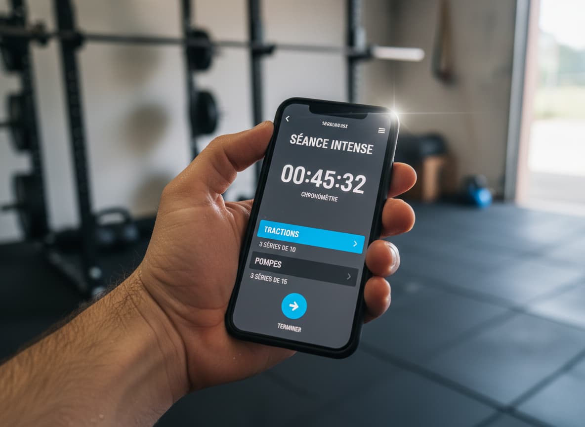 Gros plan d'une main en sueur tenant un smartphone affichant une application de fitness avec un chronomètre, Tractions et Pompes, dans une salle de sport garage.