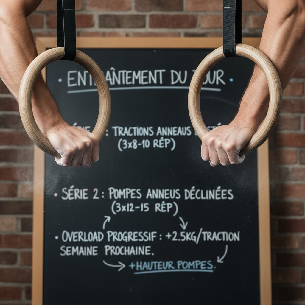 Gros plan sur les mains d'un athlète agrippant des anneaux de gymnastique, avec un tableau d'entraînement flou en arrière-plan où l'on distingue des mots en français.