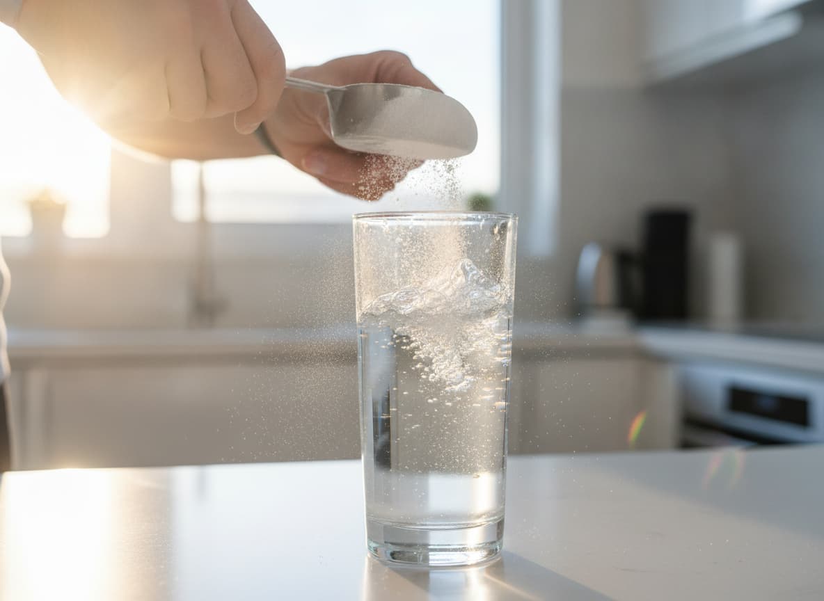 Des mains versent une cuillère de poudre blanche fine dans un verre d'eau transparent provoquant une éclaboussure sous une lumière solaire chaleureuse.