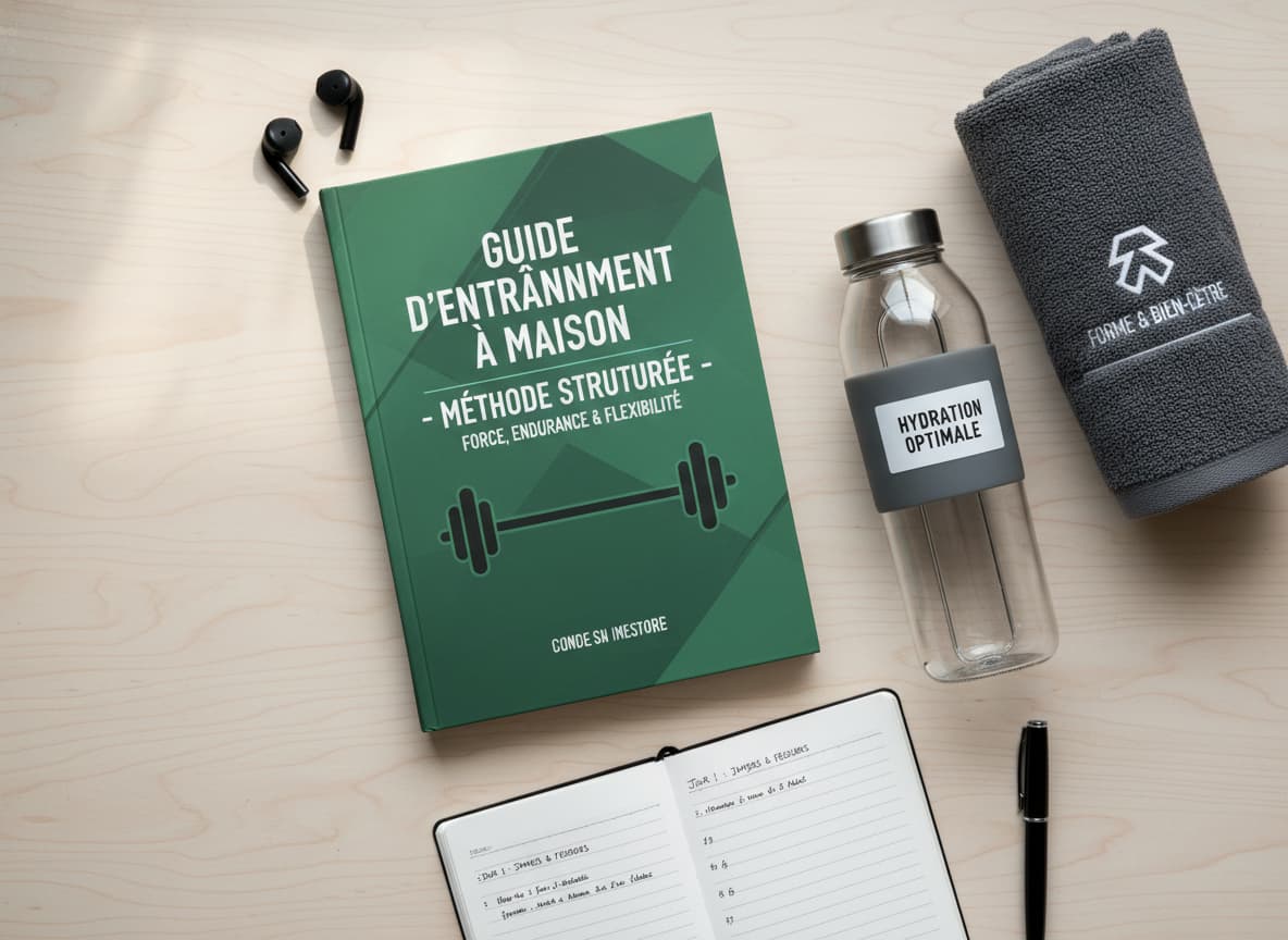 Composition plate avec un livre vert de fitness sur un bureau en bois, à côté d'une bouteille d'eau et d'une serviette de gym.