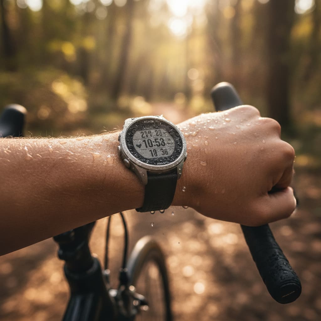 Poignet d'une personne portant une montre connectée en titane agrippant un guidon de vélo de route, avec un arrière-plan flou de sentier forestier ensoleillé et des gouttelettes d'eau sur le cadran et la peau.