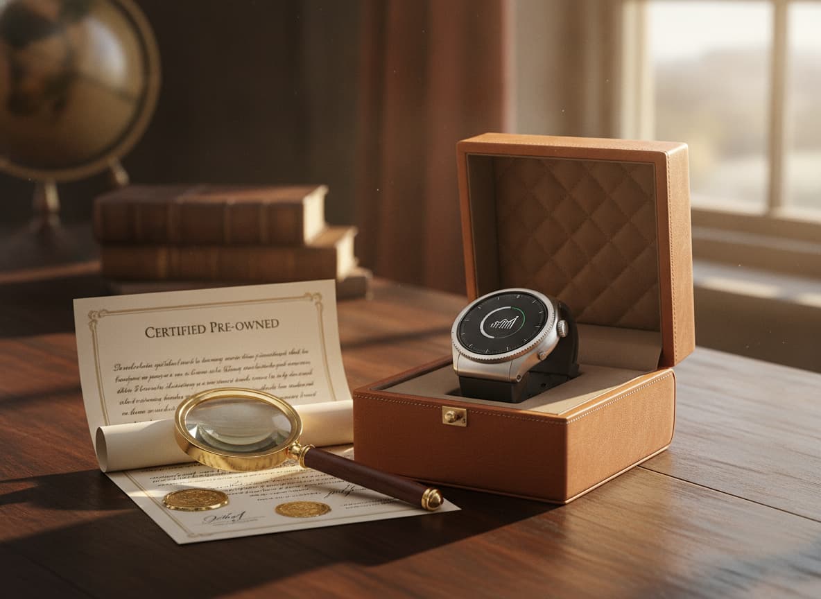 Une montre de luxe posée dans un écrin en cuir ouvert, à côté d'un certificat d'authenticité et d'une loupe, sur un bureau en bois sombre éclairé par une lumière chaude.