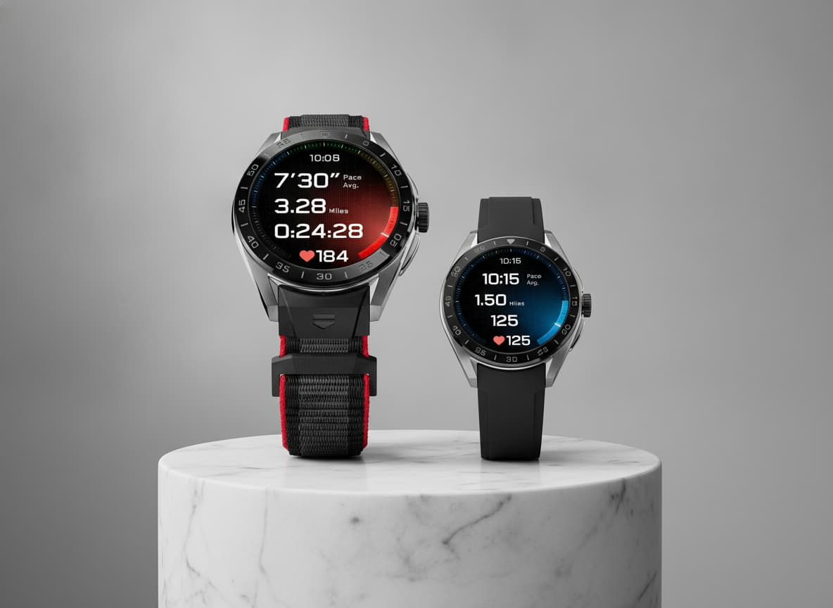 Deux montres connectées de tailles différentes sont posées côte à côte sur un socle en marbre blanc devant un fond gris dégradé.