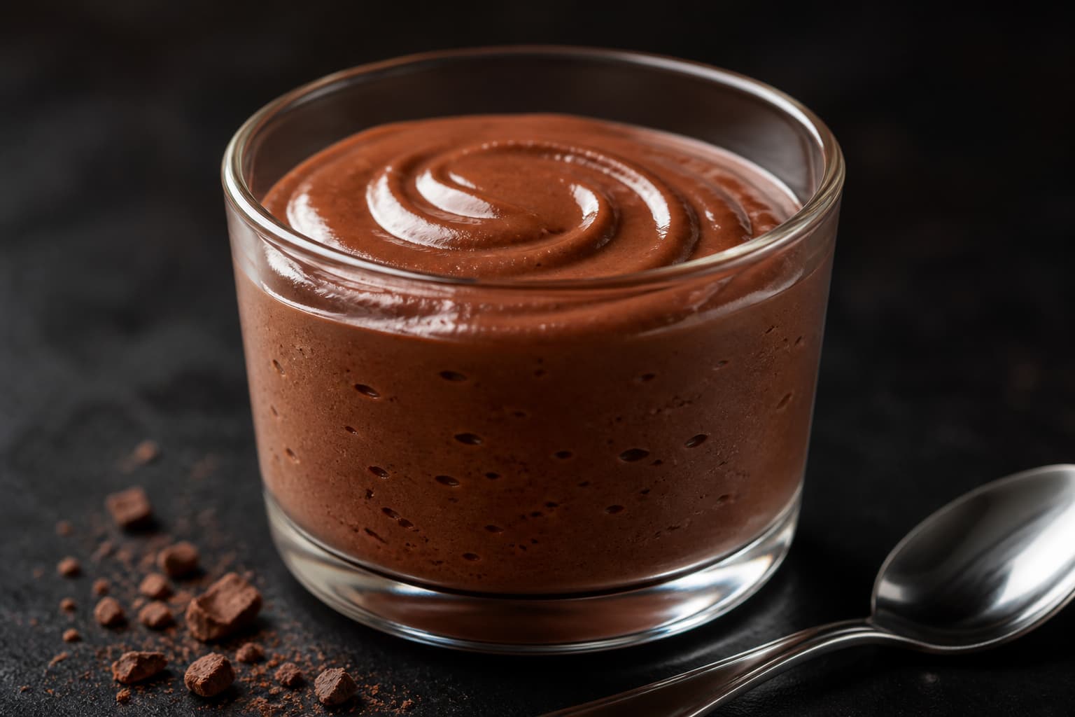 Mousse au chocolat protéinée onctueuse dans une petite coupe en verre, à surface brillante et légèrement tourbillonnée, avec une cuillère à côté sur fond sombre, éclairée dramatiquement de côté.