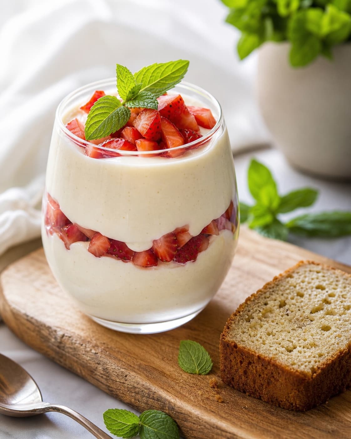 Mousse protéinée à la vanille servie dans un verre transparent, superposée de fraises fraîches et de menthe, accompagnée d