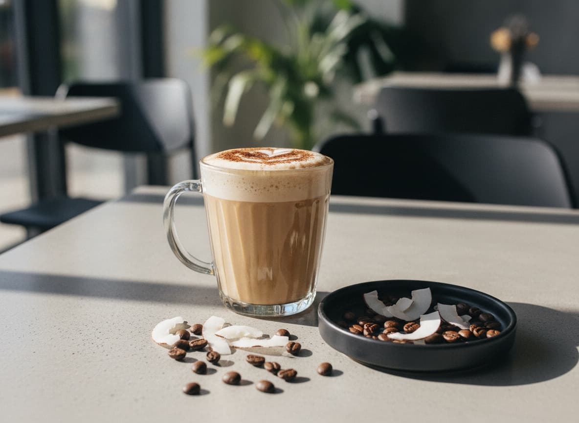 Mug en verre transparent contenant un shake protéiné café-coco mousseux saupoudré de cacao, accompagné de grains de café et de flocons de noix de coco sur une table de café moderne