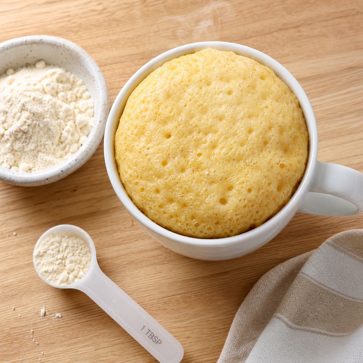 Un mugcake vanillé et gonflé dans un mug en céramique blanche, avec un peu de vapeur, à côté d