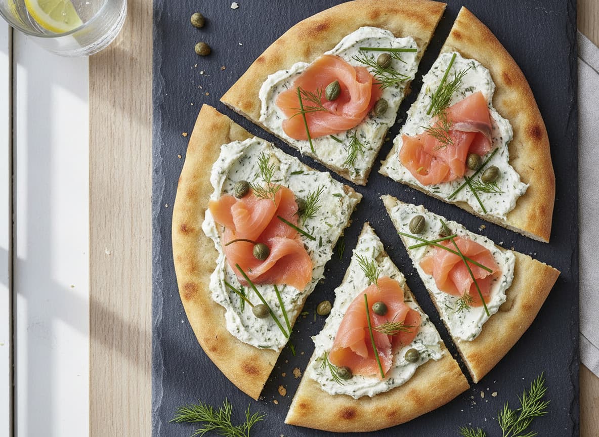 Pain plat garni de fromage frais aux herbes, de saumon fumé en rubans et de câpres, disposé sur une ardoise noire, vu du dessus.