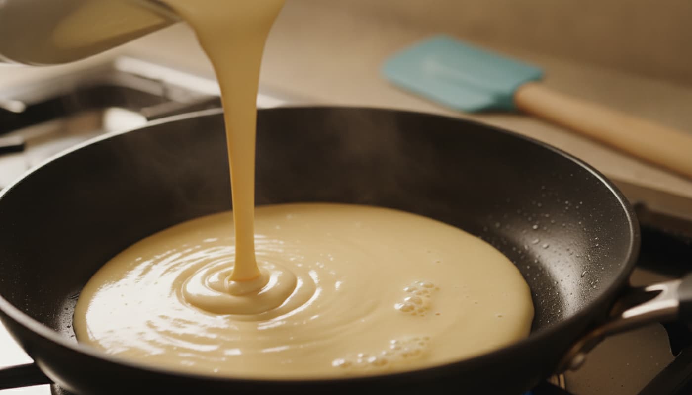 Pâte à crêpe lisse et pâle versée dans une poêle antiadhésive foncée, de petites bulles apparaissant à la surface tandis qu'une spatule en silicone repose floue en arrière-plan.