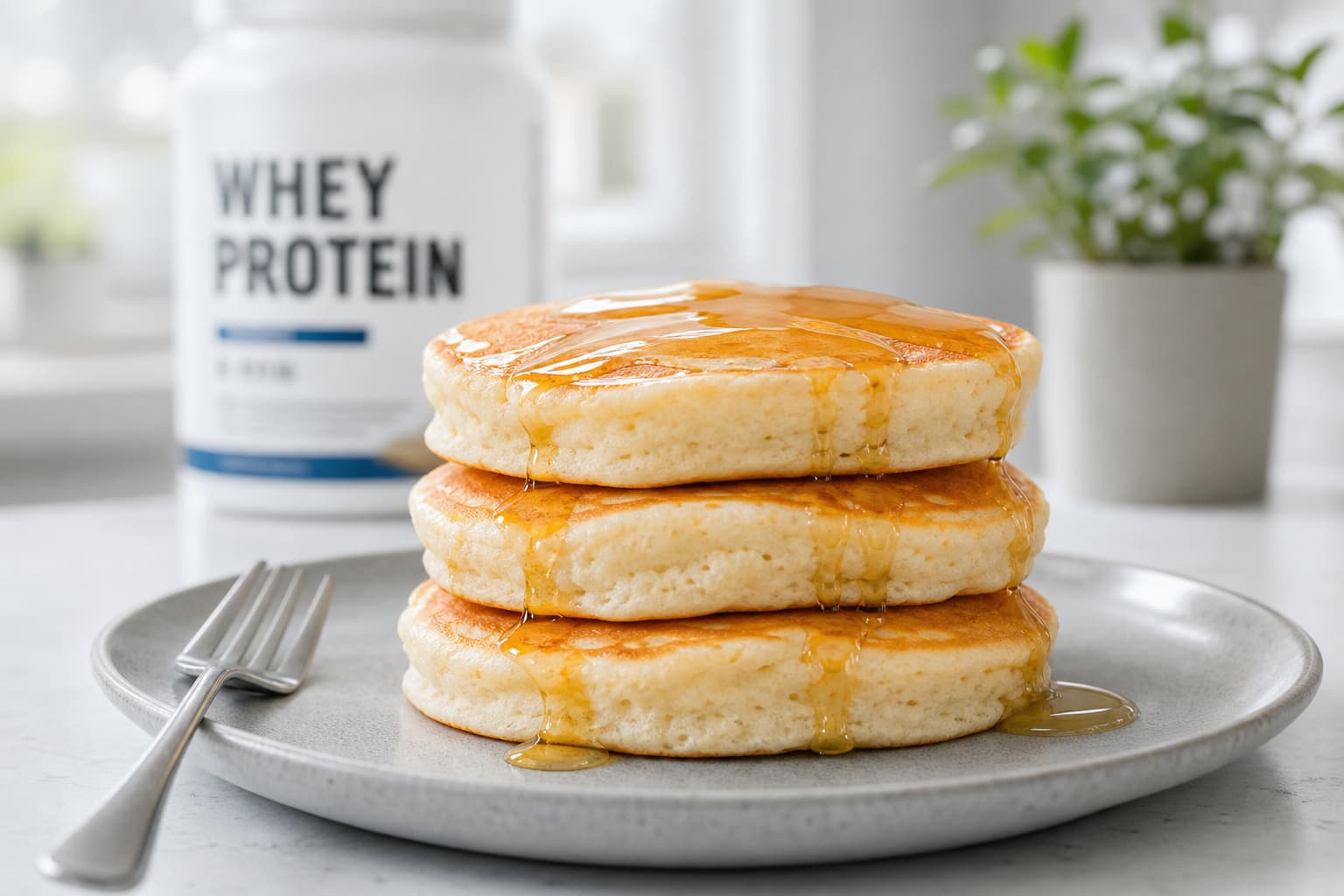 Trois pancakes moelleux sans gluten empilés, nappés de sirop d