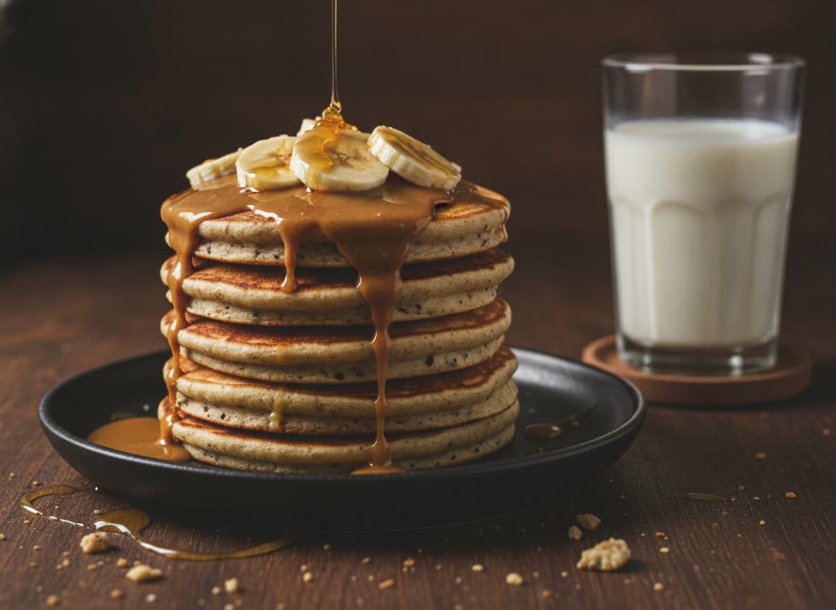 Une pile épaisse de pancakes protéinés nappée de beurre de cacahuète fondant, de tranches de banane et d'un filet de miel doré, servie sur une assiette en céramique sombre à côté d'un grand verre de lait entier.