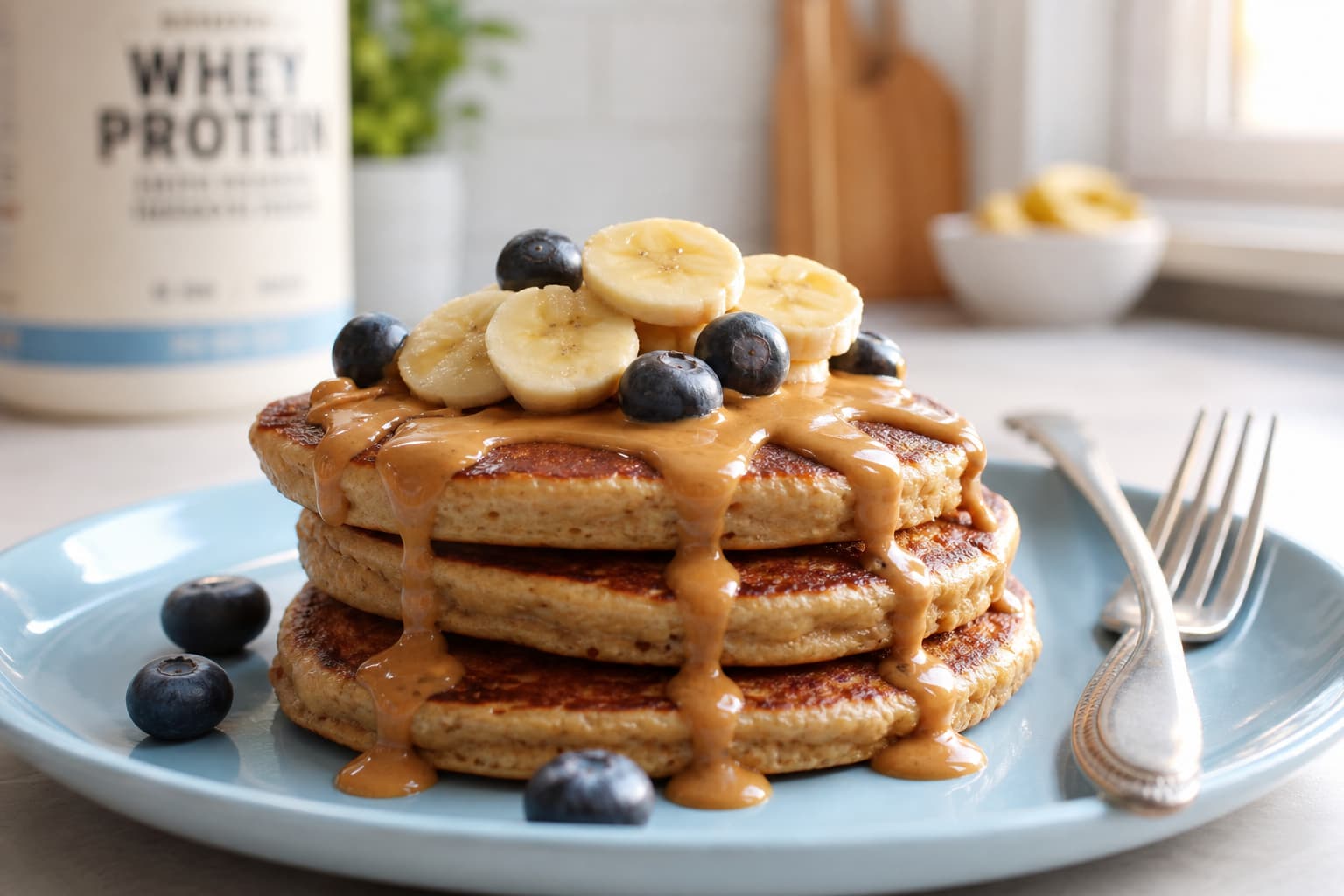 Une pile de trois pancakes protéinés dorés sur une assiette bleu pastel, garnie de rondelles de banane, d