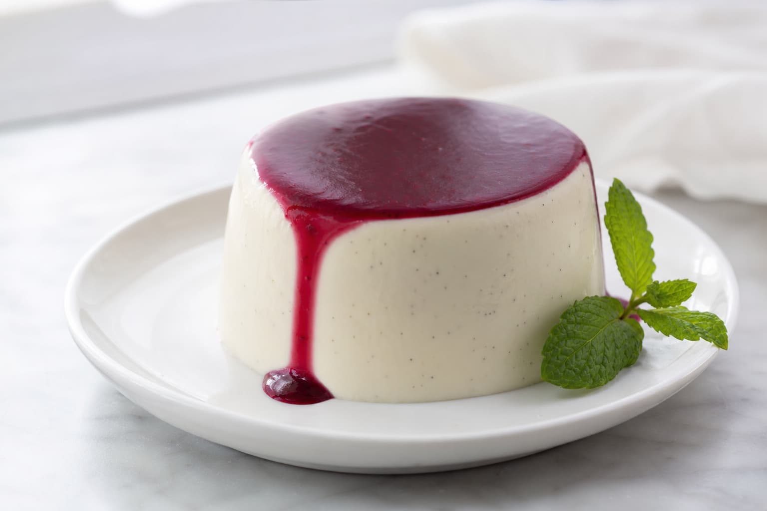 Un panna cotta protéiné renversé sur une assiette blanche, nappé d’un coulis de baies, garni d’une feuille de menthe fraîche, sous une lumière naturelle douce et diffuse.
