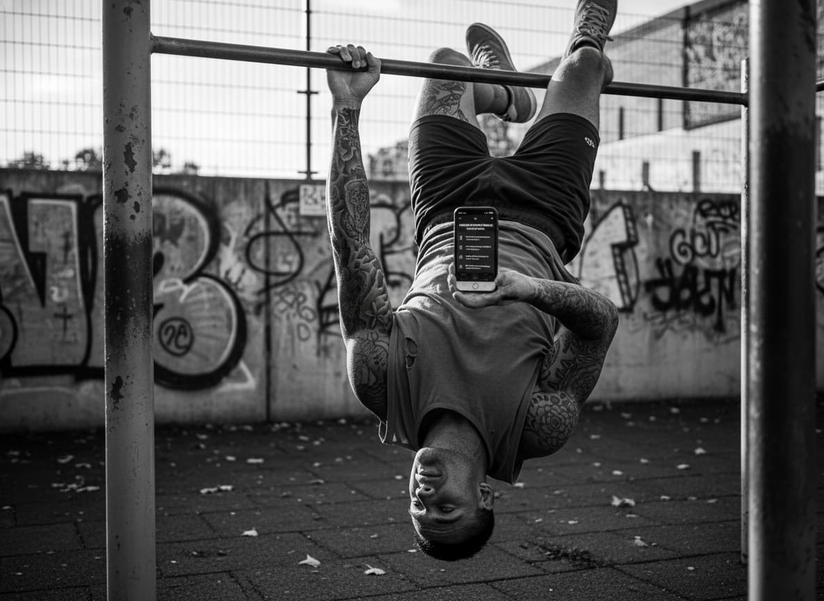 Personne se reposant sur une barre de traction métallique dans un parc de street workout, regardant un smartphone affichant un programme d'entraînement avec le niveau 'Intermédiaire'.