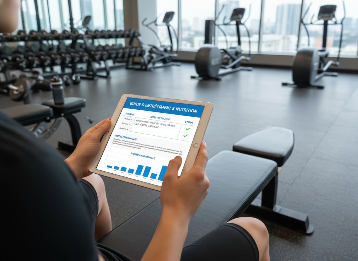 Un sportif assis sur un banc de gym fait défiler un guide PDF sur une tablette affichant un tableau de progression avec les titres 'Semaine 2' et 'Objectifs du jour'.
