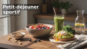Présentation éditoriale d'un petit-déjeuner sportif composé d'un bol de porridge aux baies, d'une tartine de pain complet à l'avocat et œuf poché, et d'un verre de smoothie vert, sur une table en bois rustique éclairée par le soleil matinal, avec le texte 'Petit-déjeuner sportif' superposé.
