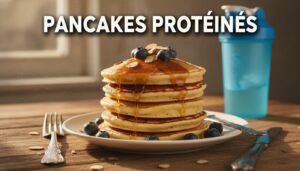 Une pile de pancakes protéinés moelleux sur une table en bois rustique, nappés de sirop d'érable sans sucre, garnis de myrtilles fraîches et d'amandes effilées, avec un shaker de gym flou en arrière-plan, baignés d'une lumière ensoleillée.
