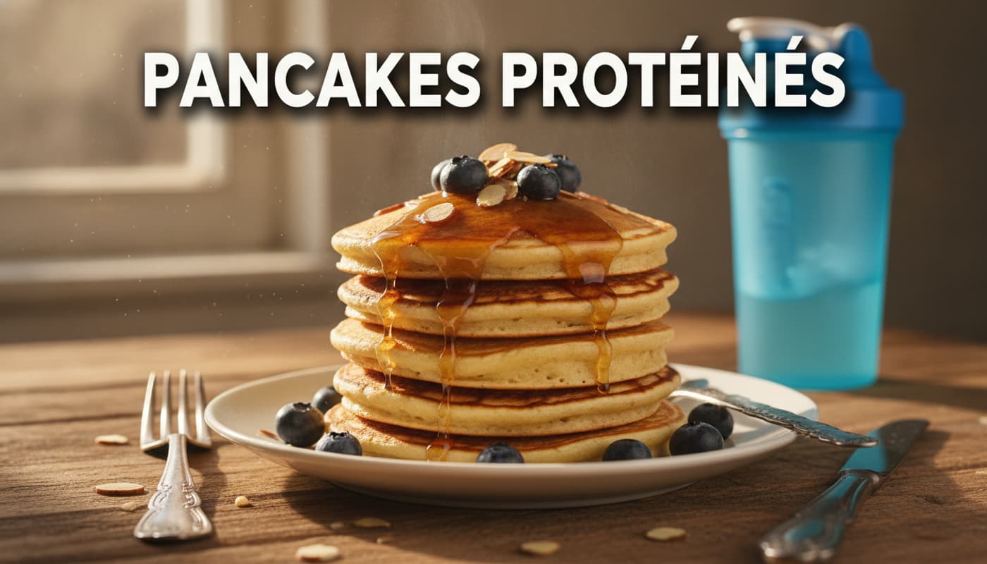 Une pile de pancakes protéinés moelleux sur une table en bois rustique, nappés de sirop d'érable sans sucre, garnis de myrtilles fraîches et d'amandes effilées, avec un shaker de gym flou en arrière-plan, baignés d'une lumière ensoleillée.