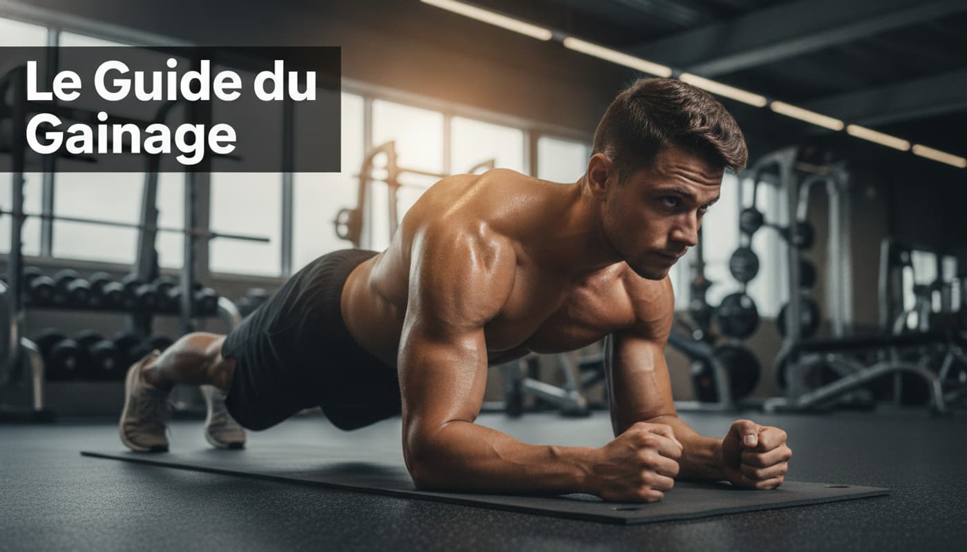 Athlète en pleine planche gainage sur un tapis de gym, vue de côté en contre-plongée, muscles tendus et sueur visible, éclairage chaud, avec le texte 'Le Guide du Gainage' superposé en haut à gauche.