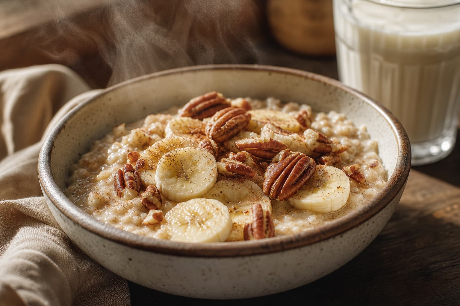 Un bol de porridge crémeux fumant garni de rondelles de banane et de noix de pécan, posé sur une table en bois à côté d