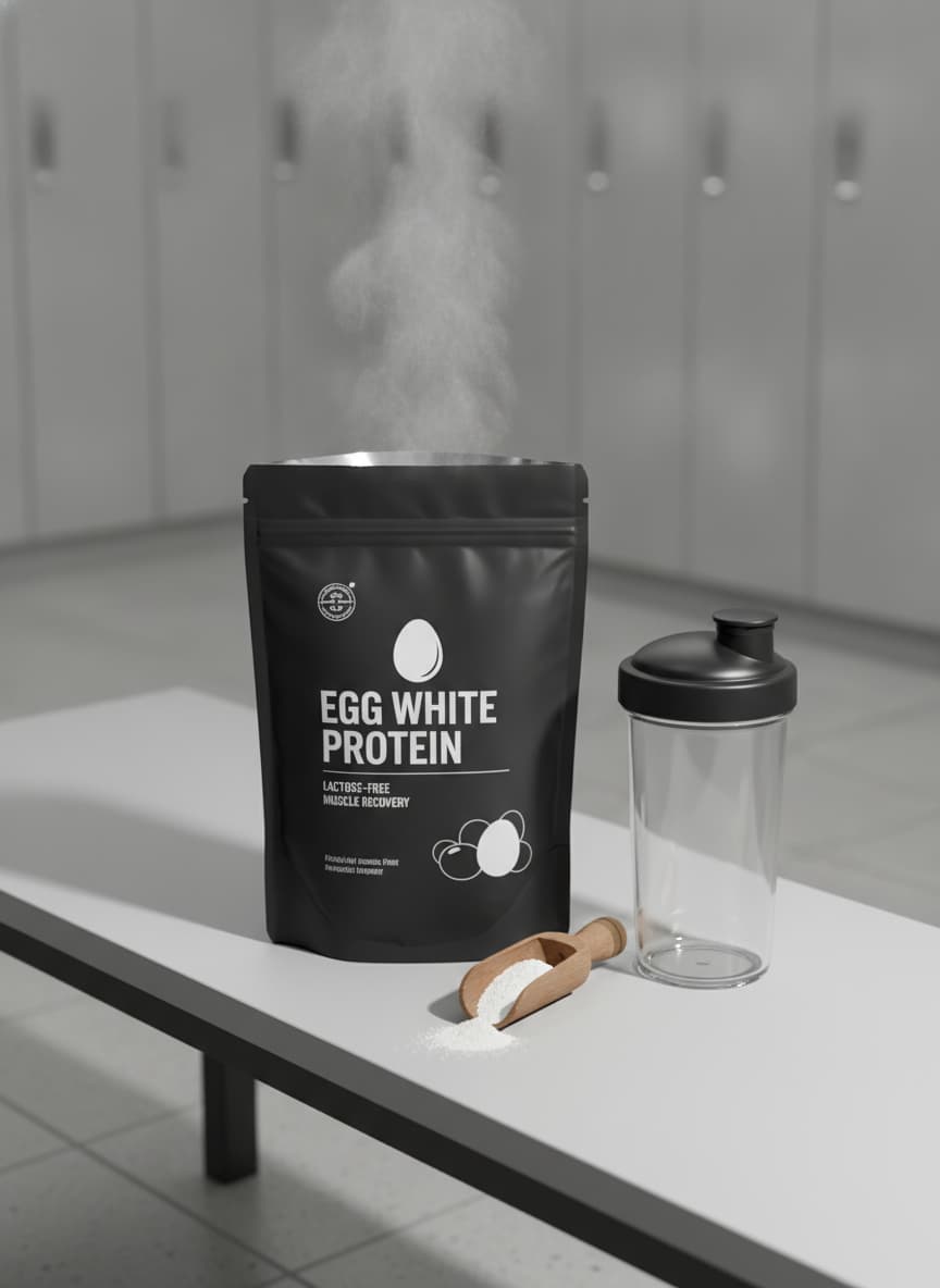 Sachet noir mat partiellement ouvert de poudre de protéine d'œuf, posé à côté d'un shaker transparent et d'une cuillère en bois sur un banc de vestiaire de gym gris clair, éclairage studio net.