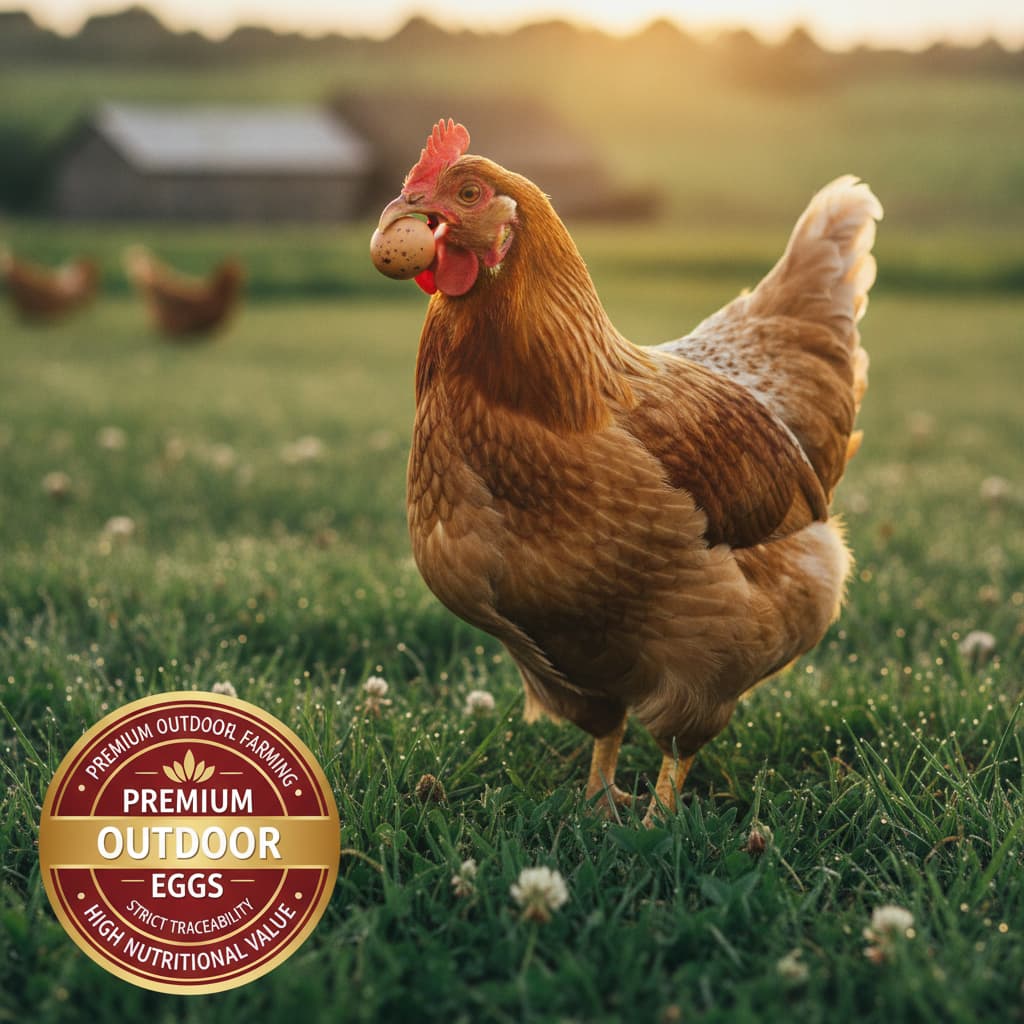 Gros plan d'une poule élevée en plein air tenant délicatement un œuf brun tacheté dans son bec, debout dans un pâturage vert, avec un badge rouge et jaune flou en premier plan, sous une lumière dorée.