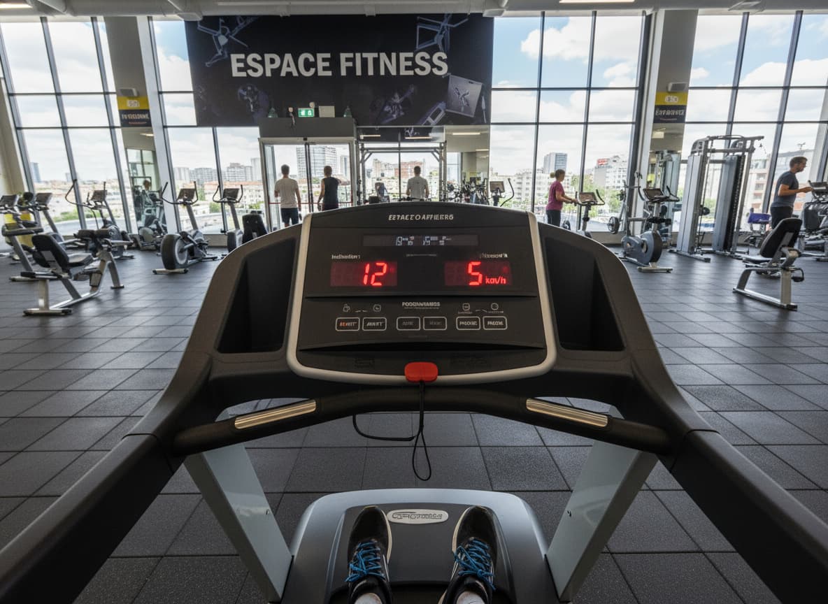 Vue à la première personne depuis un tapis roulant dont la console affiche 'Inclinaison : 12' et 'Vitesse : 5 km/h' en français, avec des chaussures de running aux pieds et une salle de sport moderne en arrière-plan.