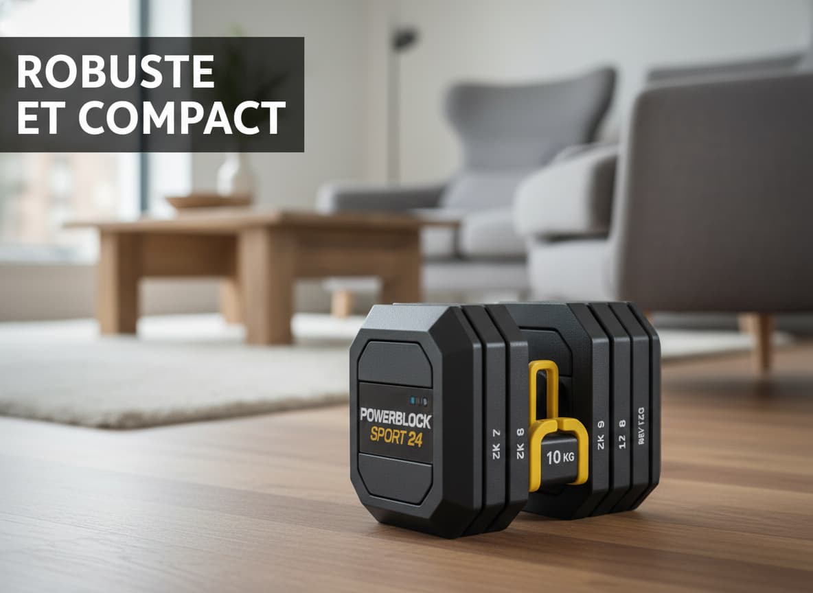Haltère rectangulaire PowerBlock Sport 24 avec sélecteur de poids coloré, posé dans un salon, texte superposé 'ROBUSTE ET COMPACT' sur bande sombre.