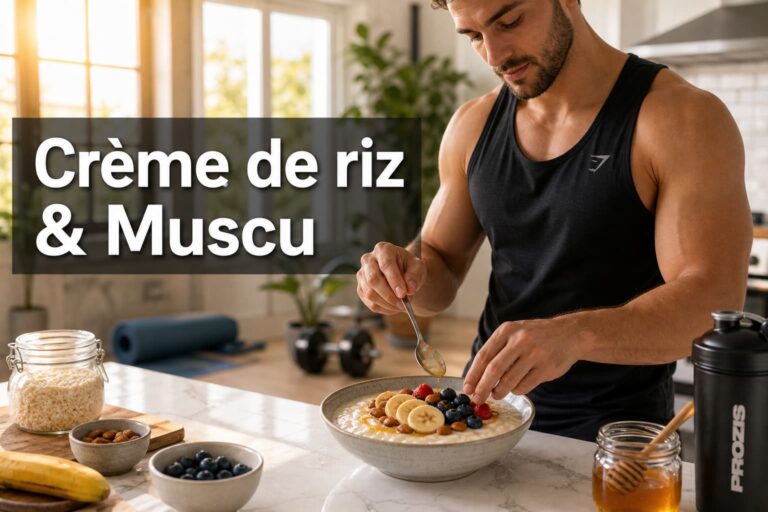 Personne sportive préparant un bol de crème de riz dans une cuisine moderne lumineuse avec équipement de fitness en arrière-plan, lumière matinale chaleureuse et texte 'Crème de riz & Muscu' en superposition.