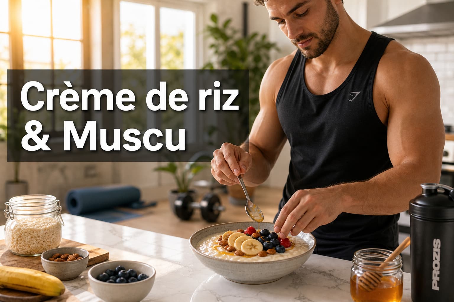 Personne sportive préparant un bol de crème de riz dans une cuisine moderne lumineuse avec équipement de fitness en arrière-plan, lumière matinale chaleureuse et texte