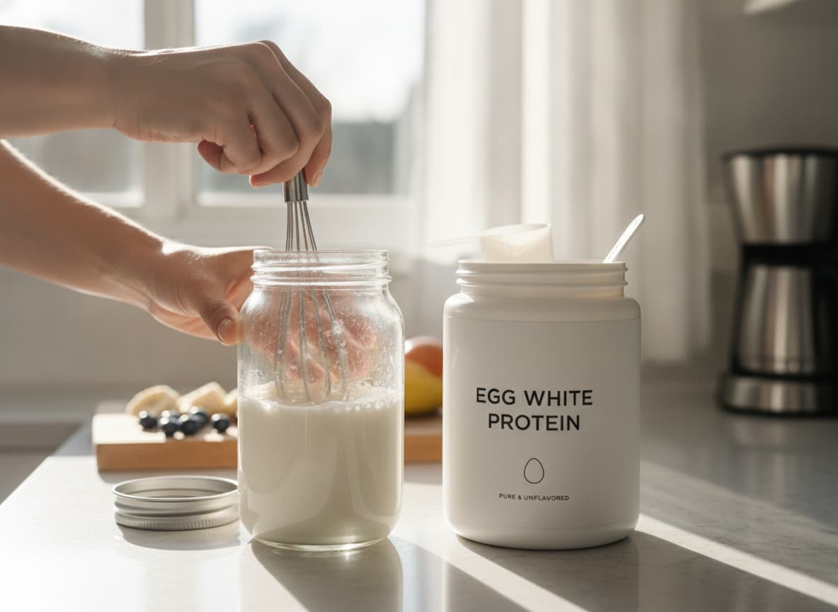 Mains d'une personne mélangeant un shake protéiné blanc et opaque dans un bocal en verre transparent avec un petit fouet métallique, à côté d'un pot de poudre de protéine d'œuf blanc minimaliste sur un plan de travail de cuisine moderne, baigné de lumière matinale.