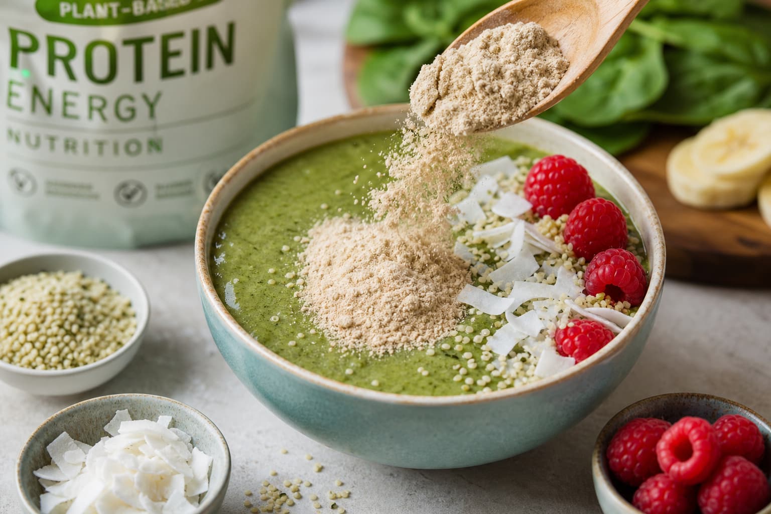 Bol de smoothie vert vif avec poudre protéinée versée par une cuillère en bois, entouré de petits bols de graines de chanvre, flocons de noix de coco et framboises.
