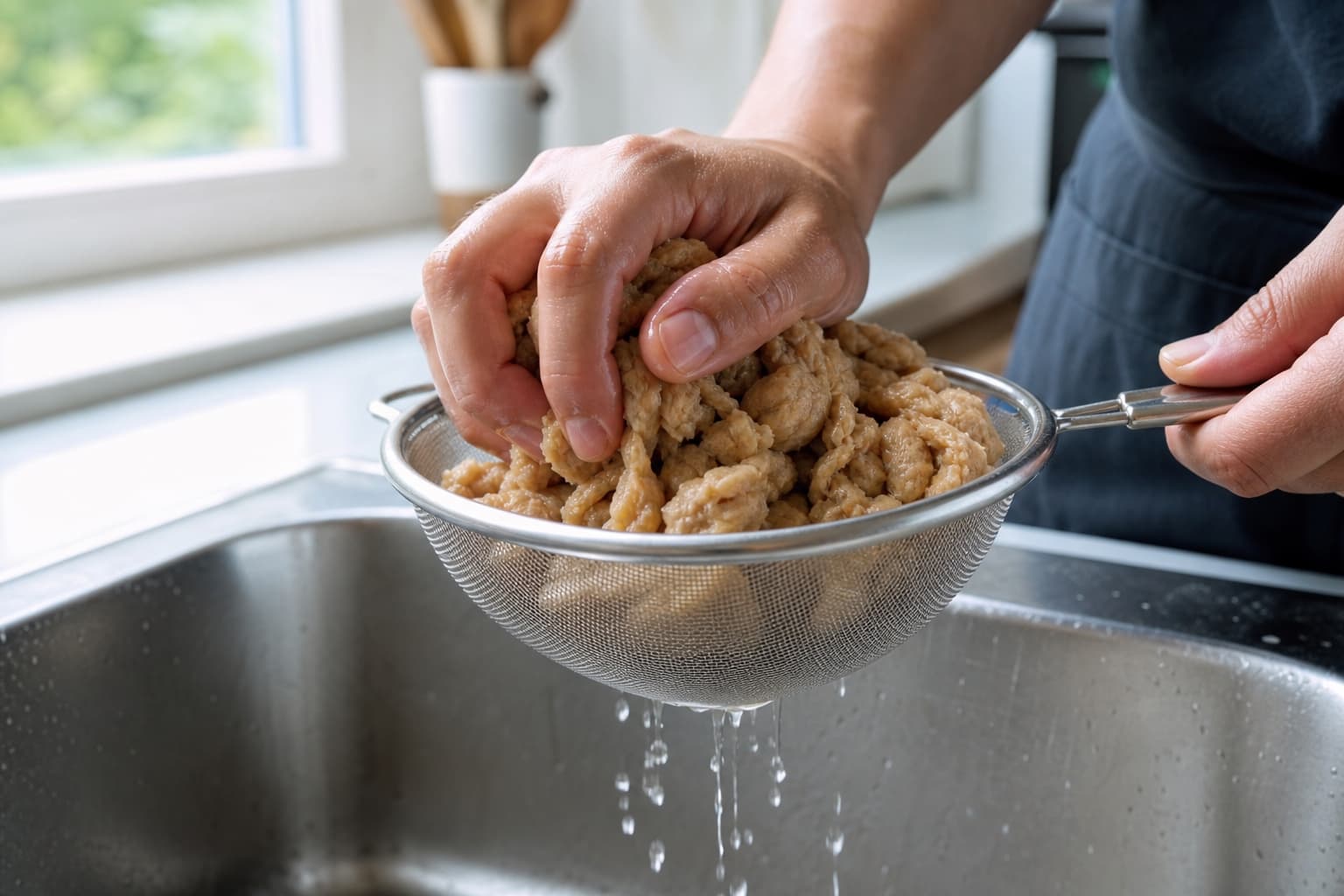 Des mains pressent délicatement des protéines de soja texturées dans une passoire fine au-dessus d’un évier en inox, la lumière du jour mettant en valeur leur texture humide et fibreuse.