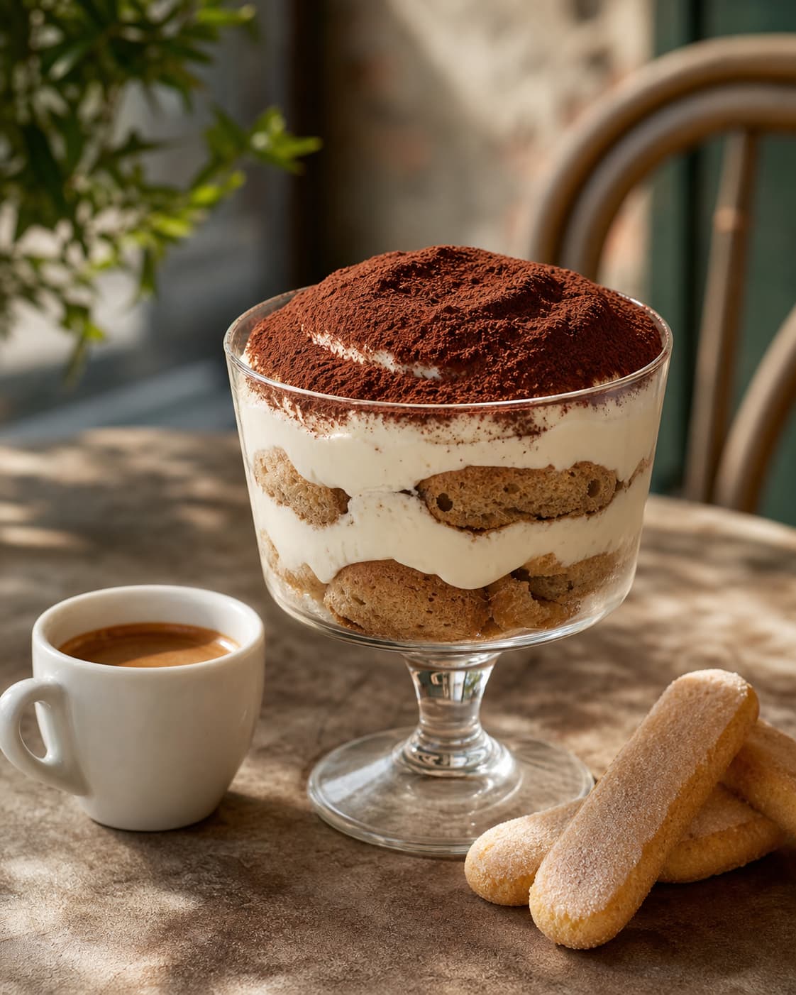 Tiramisu protéiné en verre transparent avec couches distinctes de biscuits imbibés de café et yaourt grec crémeux, surface saupoudrée de cacao, accompagné d