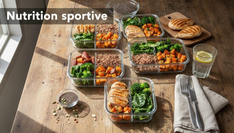 Repas de nutrition sportive composé de poulet grillé, quinoa, patates douces rôties et légumes verts, disposé sur une table en bois rustique, avec le texte 'Nutrition sportive' superposé dans le coin supérieur gauche.
