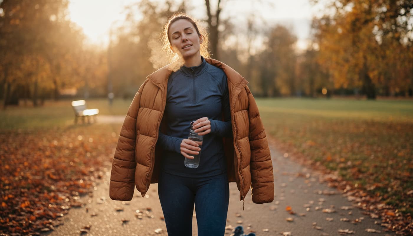 Un coureur enroule une veste puffer oversize sur ses épaules, tenant une bouteille d'eau et reprenant son souffle, devant un parc automnal flou.