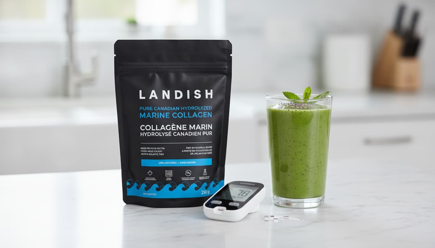Un sachet noir mat de collagène marin Landish est posé sur un plan de travail en marbre à côté d'un lecteur de glycémie numérique et d'un smoothie vert.