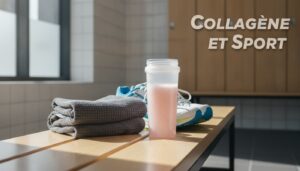 Un shaker rempli de boisson au collagène à côté d'une serviette de sport pliée et d'une paire de chaussures de course sur un banc en bois moderne de vestiaire, lumière douce du matin traversant une grande fenêtre, avec le texte 'Collagène et Sport' incrusté avec ombre portée.