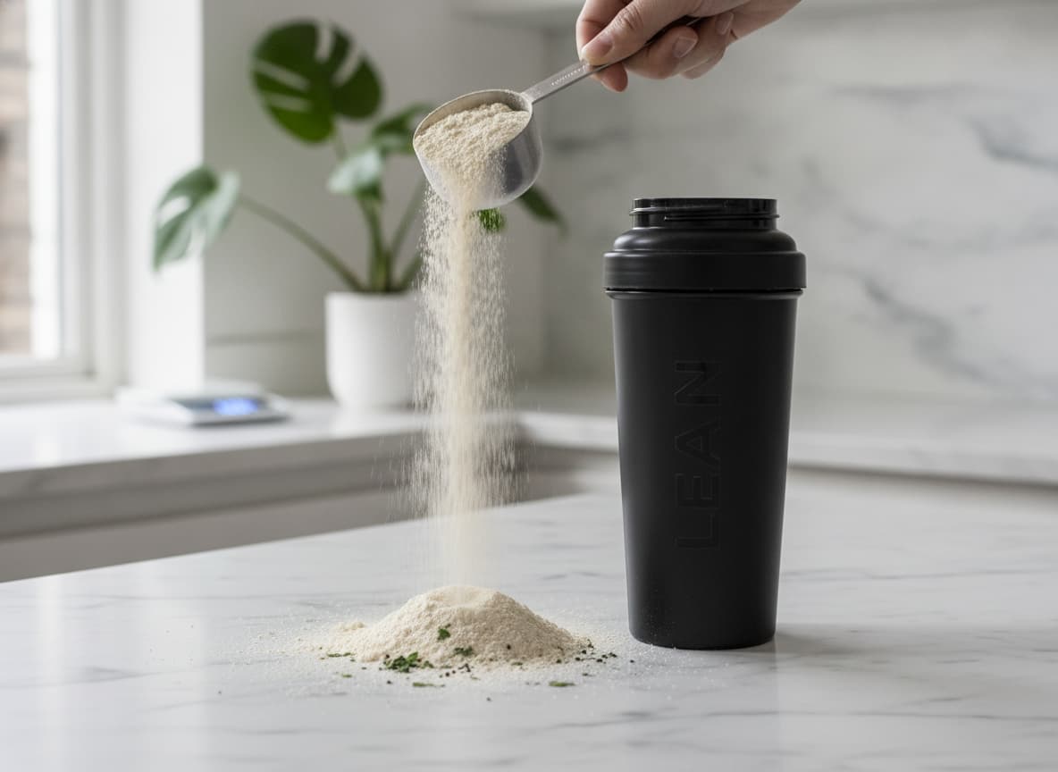 Un shaker élégant et une cuillère de poudre de protéine végétale se renversant légèrement sur un plan de travail en marbre, dans une cuisine minimaliste baignée de lumière.