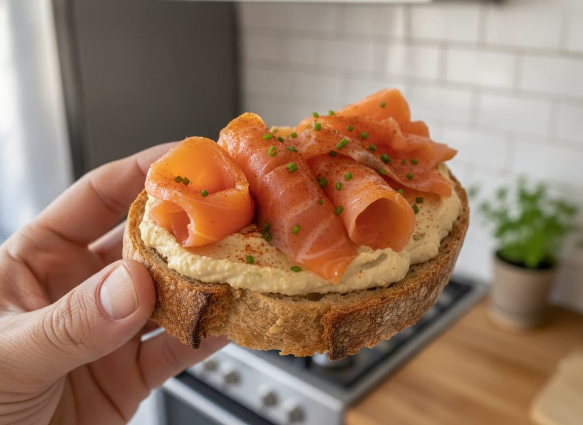 Main présentant une tartine de pain au levain grillé garnie de houmous, de flocons de saumon fumé et de paprika, sur un fond de cuisine clair et flouté.