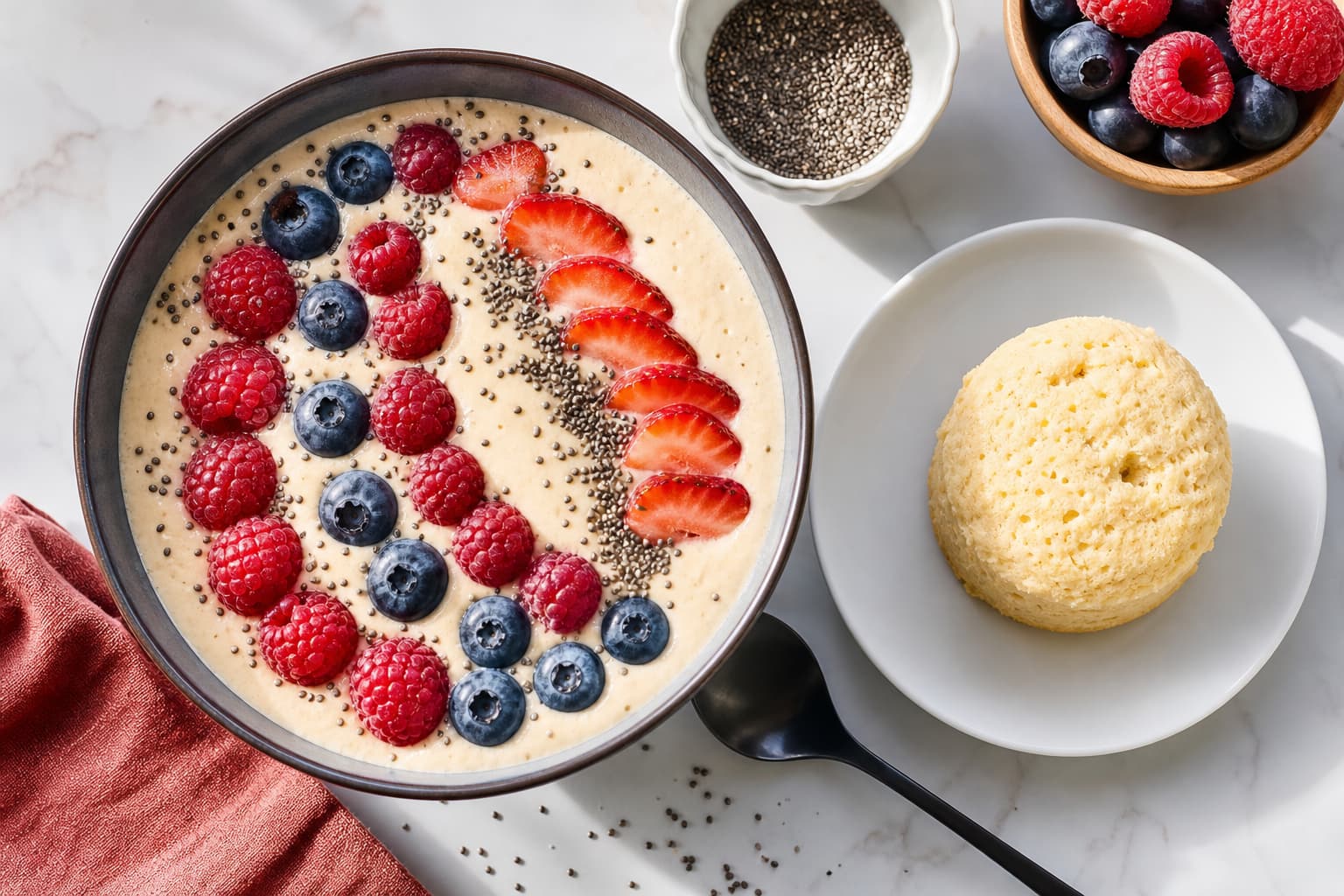 Un bol de smoothie rose vif garni de framboises, myrtilles, fraises et graines de chia, à côté d