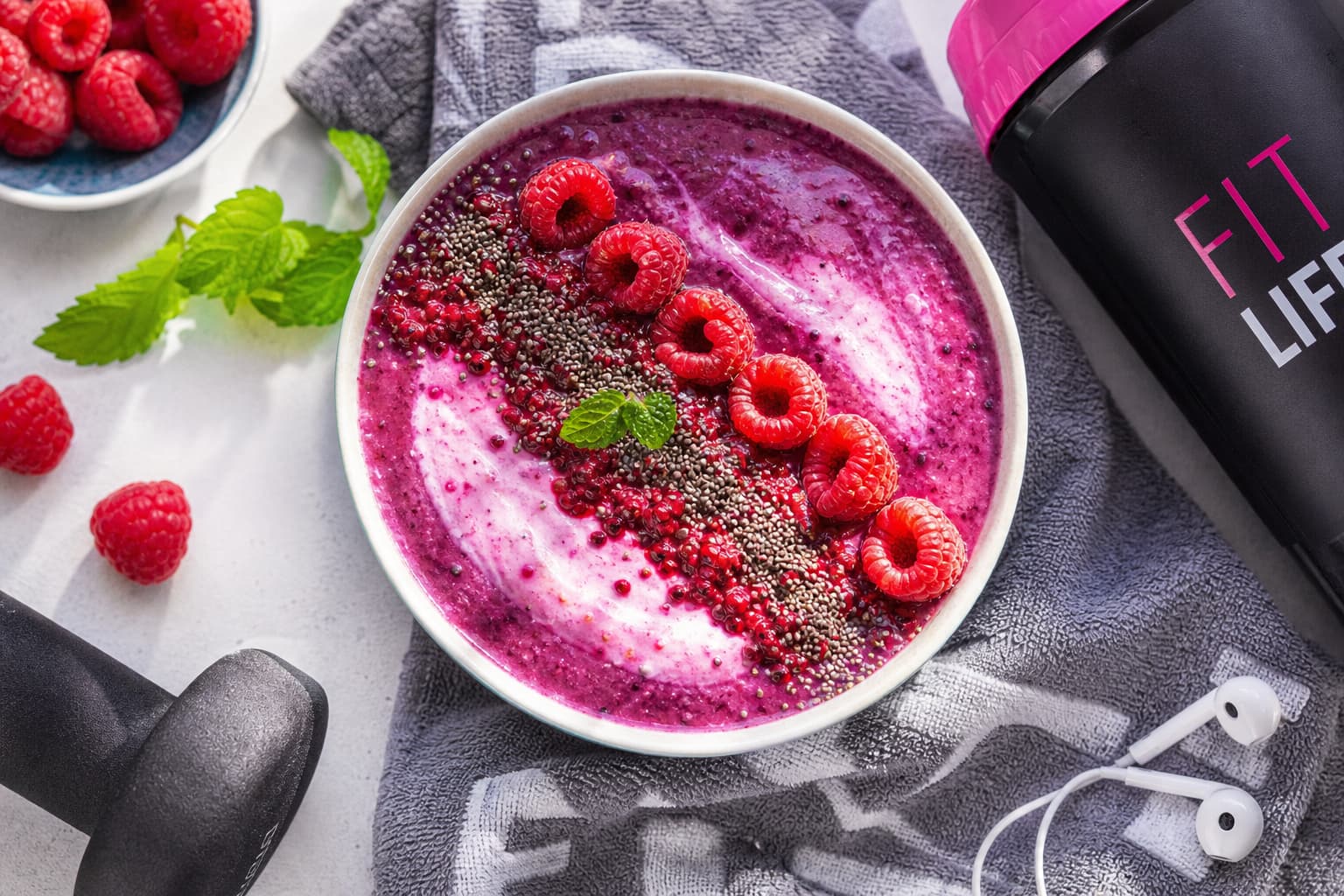 Bol de smoothie violet et rose garni de fruits rouges, graines de chia et framboises fraîches, posé sur une serviette de sport à côté d